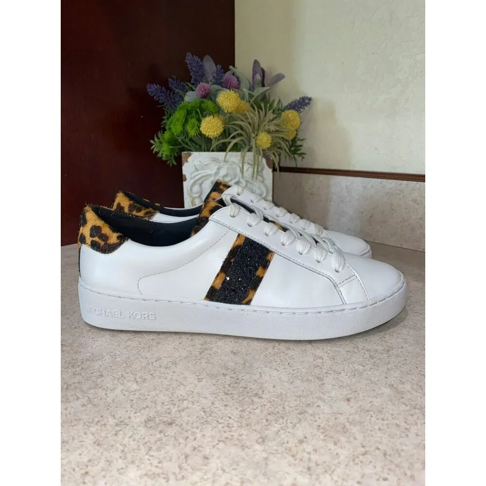 Michael Kors Irving Leopard Print Calf Hair and Leather Stripe Sneaker Size 7 gl